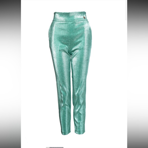 Sparkly glitter stretch pants cigarette cropped Tiffany green elisabetta franchi - Picture 3 of 4